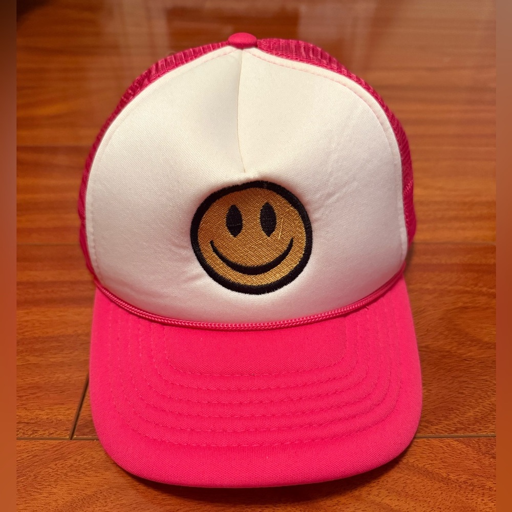 Pink and White Trucker Hat with Smile Patch